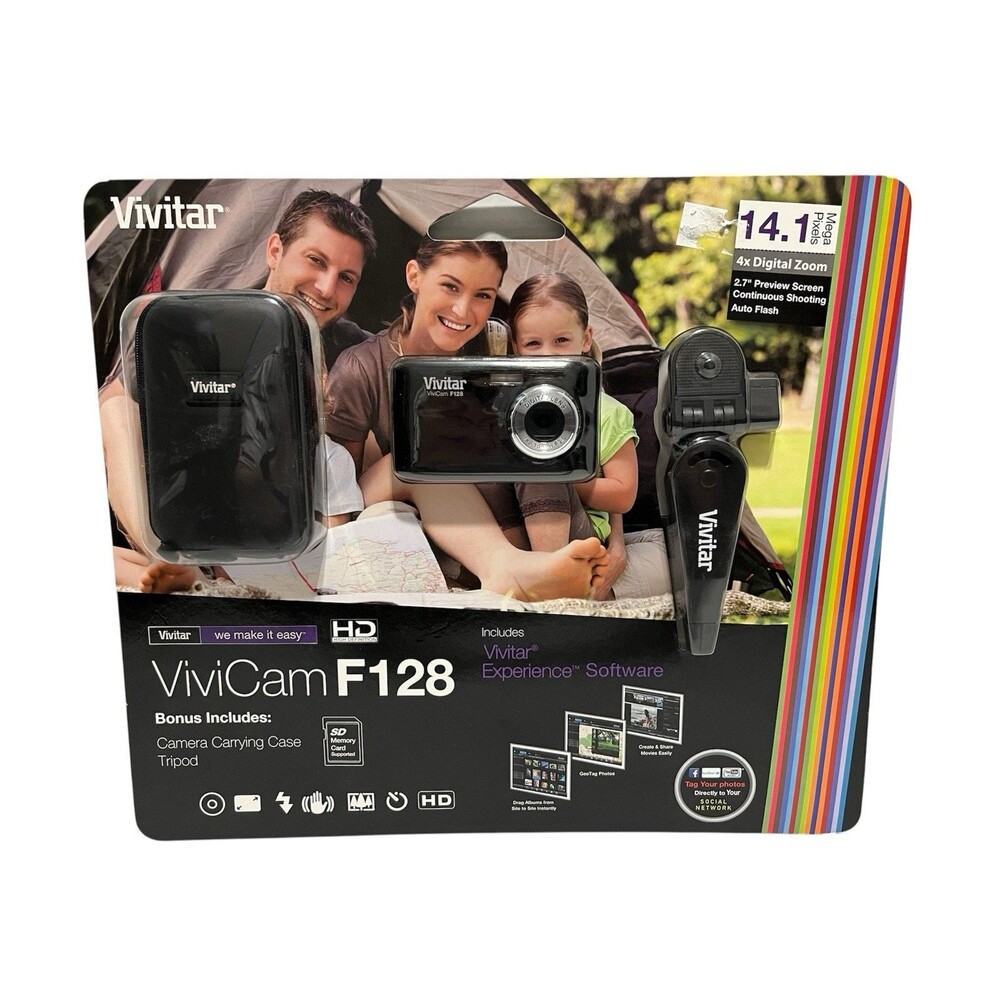 Vivitar ViviCam F128 14.1MP Digital Camera Black w/ Case & Tripod - NEW SEALED